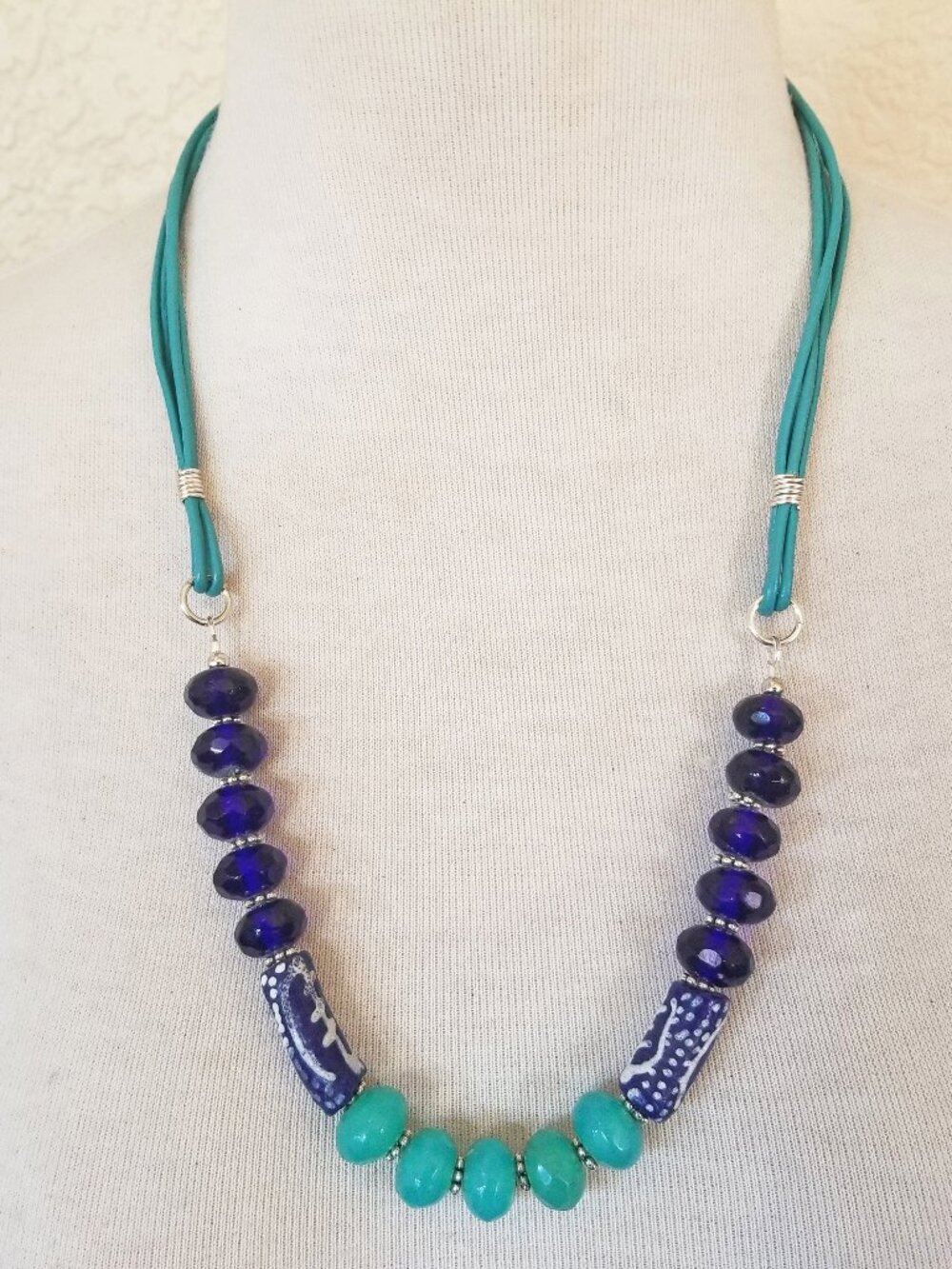 Royal Blue & Mint Blue Leather Tribal Print Long Statement Necklace